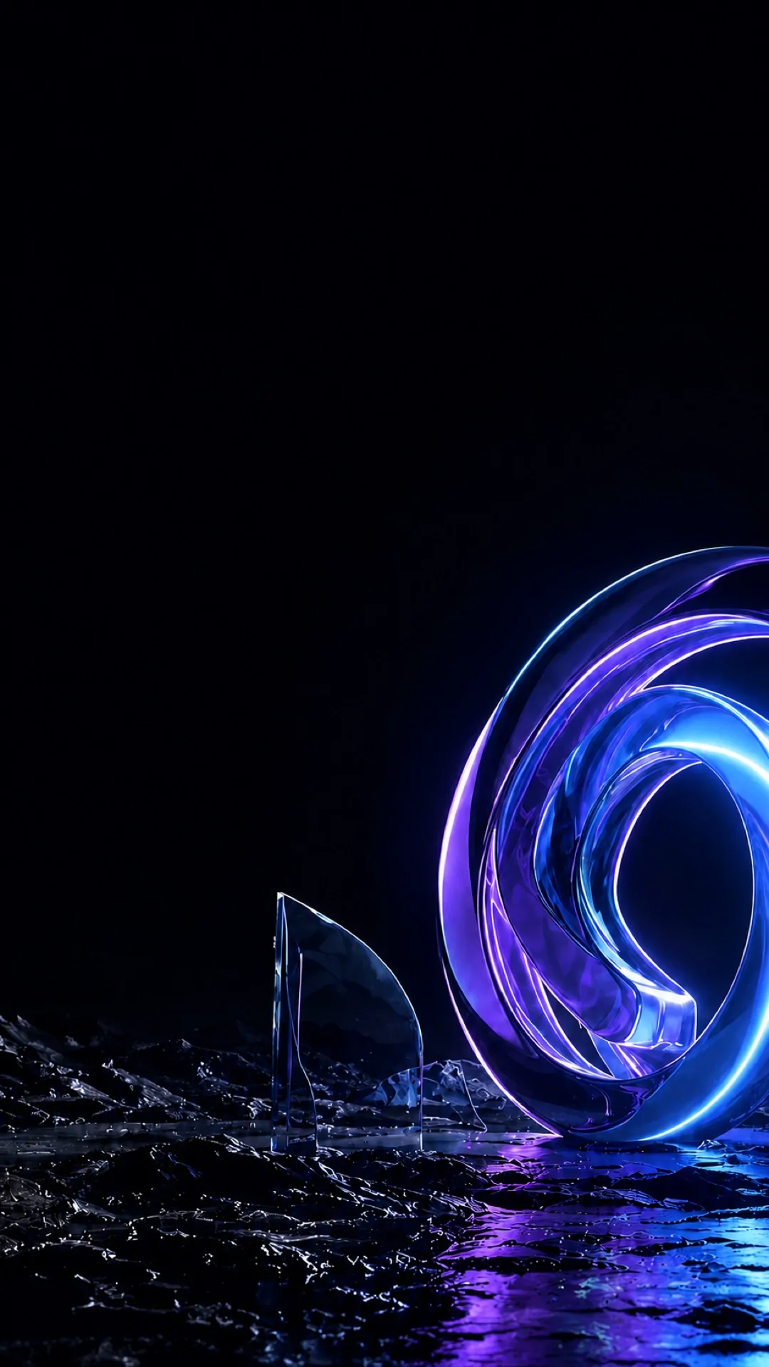 Glowing blue and violet glass swirl over a dark reflective landscape